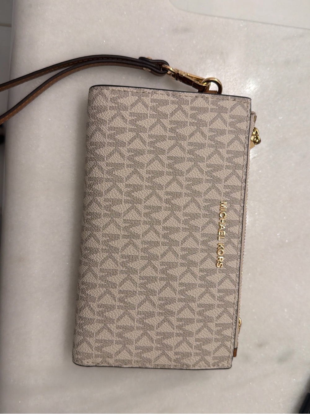 Michael Kors Beige Logo Zip Wristlet with Gold Hardware